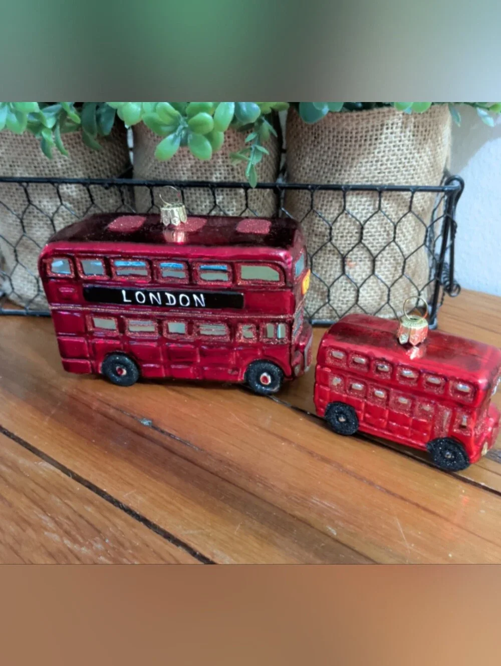 Glass Christmas Tree Ornaments London Double Decker City Bus Set of 2